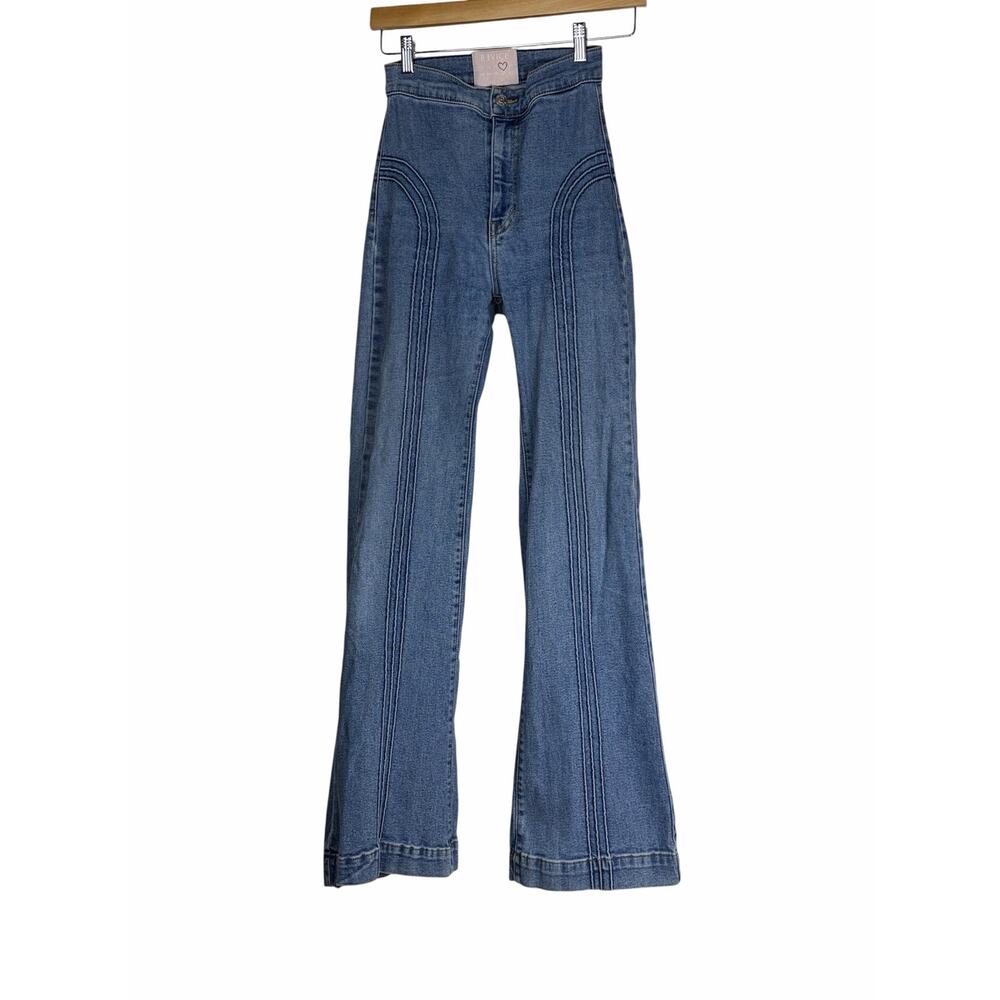 REVICE High Rise Bootcut Jeans Rainbow Stitch Size 26 Festival Retro 70s Style